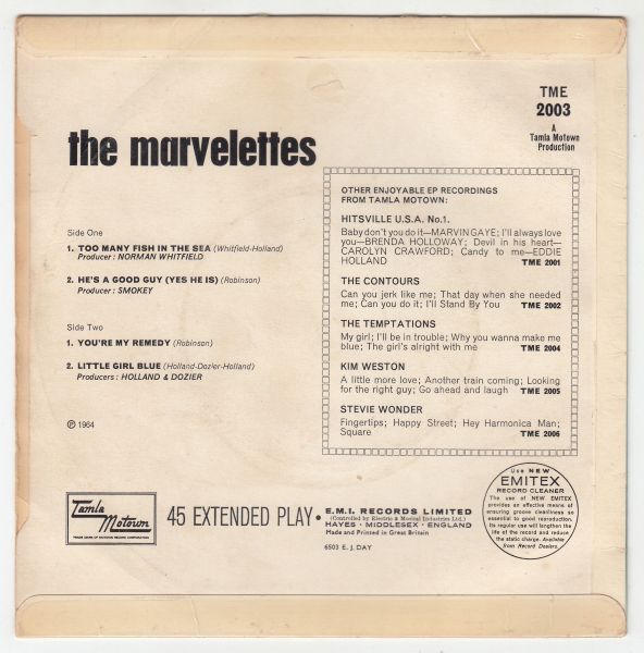 The Marvelettes EP - Too Many Fish In The Sea / He's A Good Guy / You're My Remedy / Little Girl Blue - Image 2