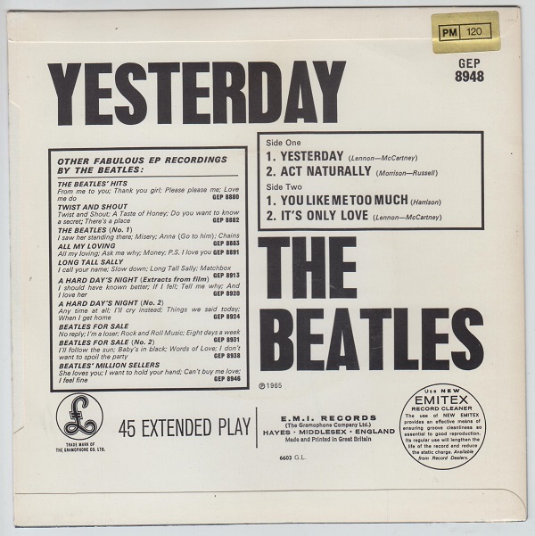 Yesterday EP : Yesterday / Act Naturally / You Like Me Too Much / It's Only Love - Image 2