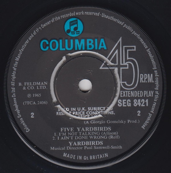 Five Yardbirds EP : My Girl Sloopy / I'm Not Talking / I Ain't Done Wrong - Image 4