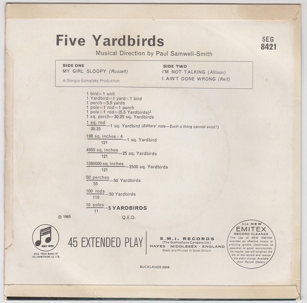 Five Yardbirds EP : My Girl Sloopy / I'm Not Talking / I Ain't Done Wrong - Image 3
