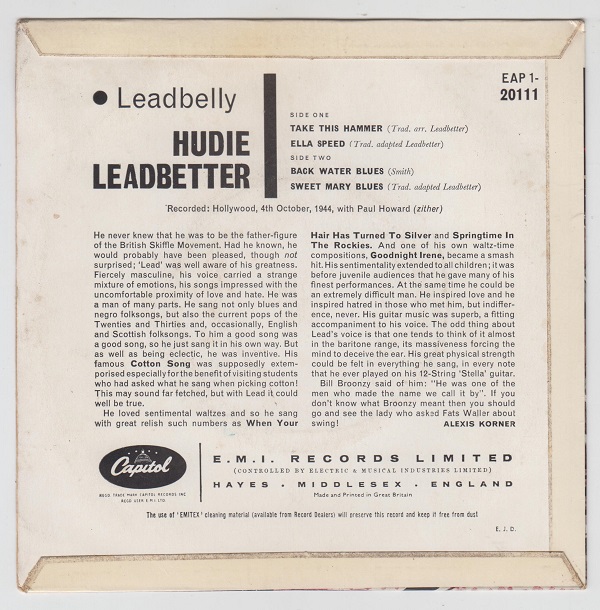 Leadbelly EP : Take this Hammer / Ella Speed / Back Water Blues / Sweet Mary Blues - Image 2