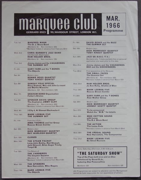 The MARQUEE CLUB March 1966 Orig Gig Flyer