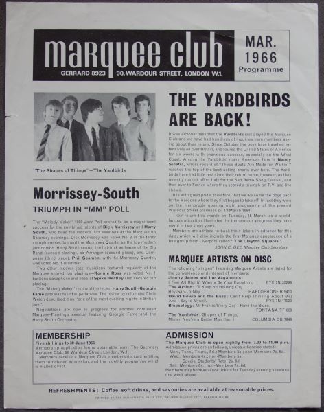 The MARQUEE CLUB March 1966 Orig Gig Flyer - Image 2