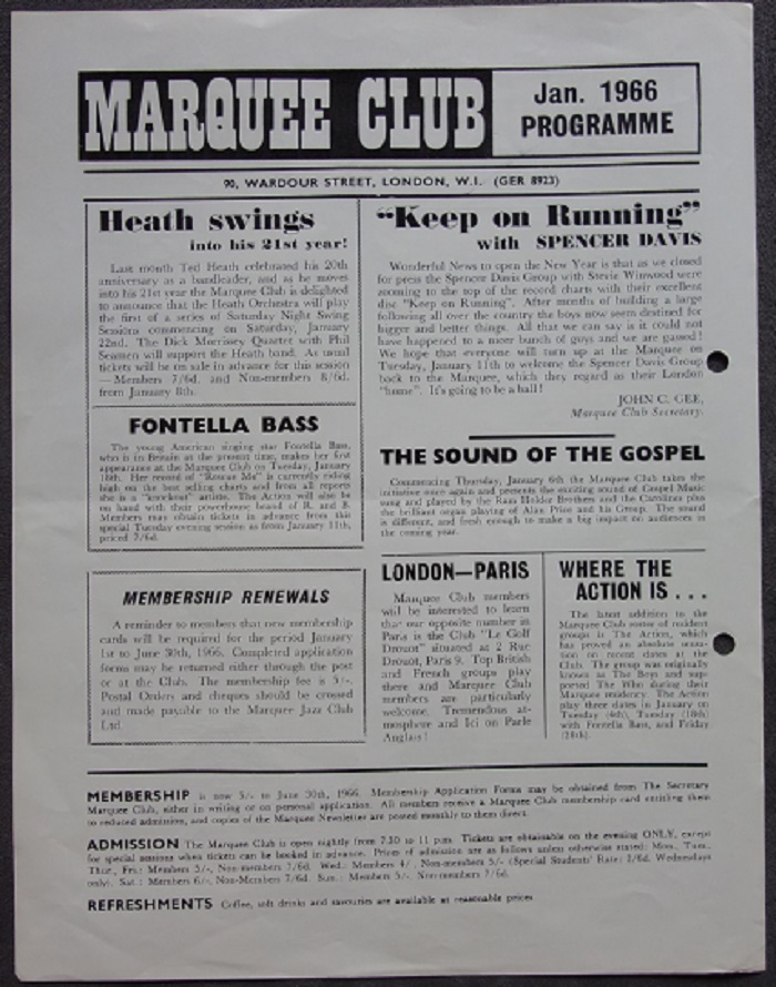 The MARQUEE CLUB Jan. 1966 Original Gig Flyer - Image 2